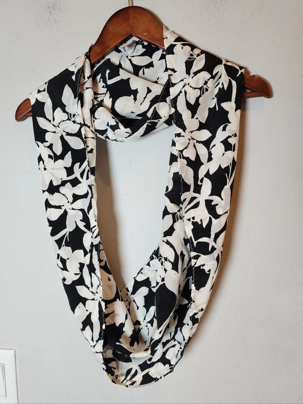 J. Jill 100% Silk Infinity Scarf Black White Floral